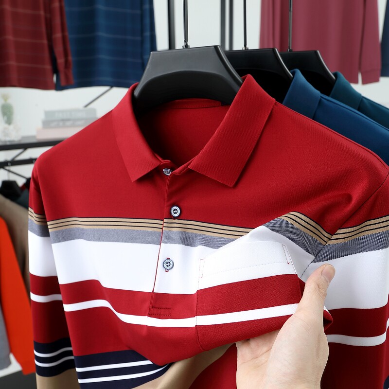 男士秋季新款条纹翻领长袖T恤中年爸爸春装棉polo衫真口袋上衣服