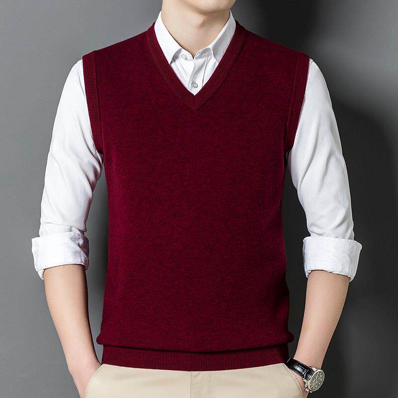 男士打底马甲中年爸爸装毛衣冬季本命年衣服红色100纯羊毛衫背心