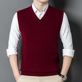男士打底马甲中年爸爸装毛衣冬季本命年衣服红色100纯羊毛衫背心