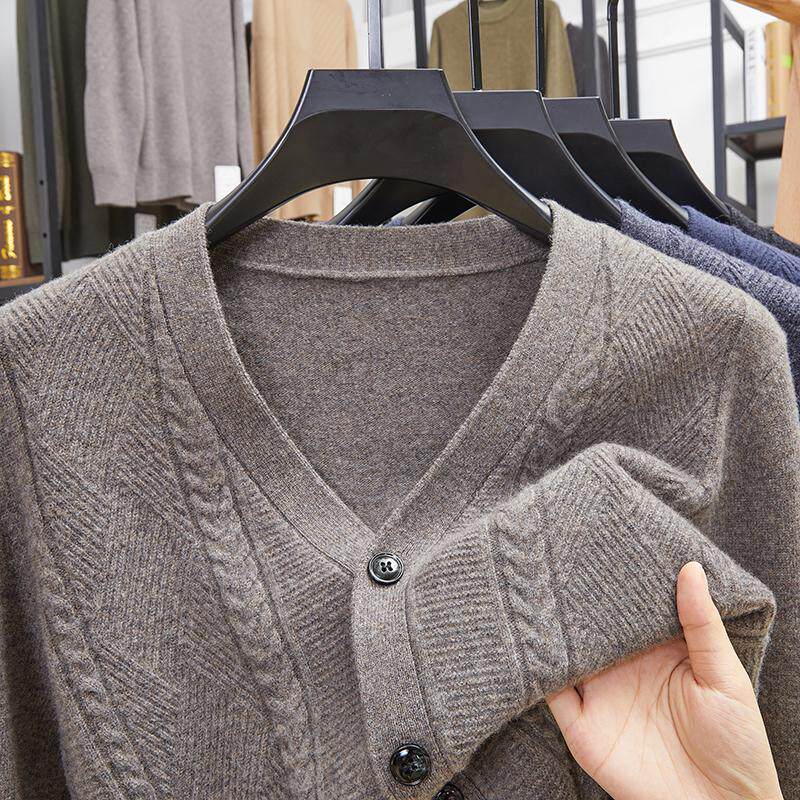 男士针织衫开衫2024新款毛衣外穿外套100羊毛中年爸爸秋冬装上衣