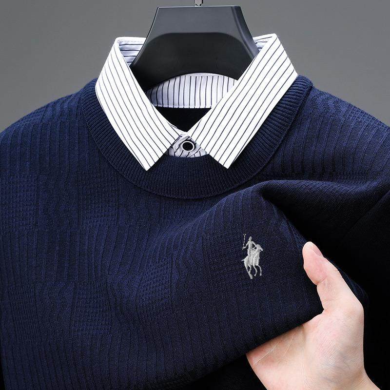 男士加厚毛衣打底针织衫秋冬季上衣真假两件套加配衬衫保罗羊毛衫