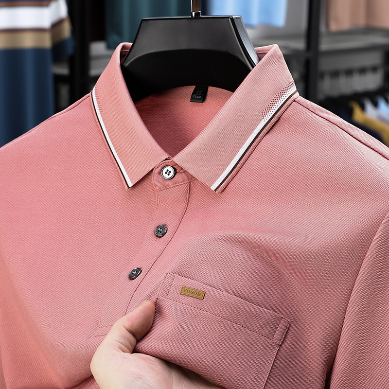 真口袋~男士夏季粉色短袖POLO衫爸爸装翻领冰丝凉感显年轻上衣服