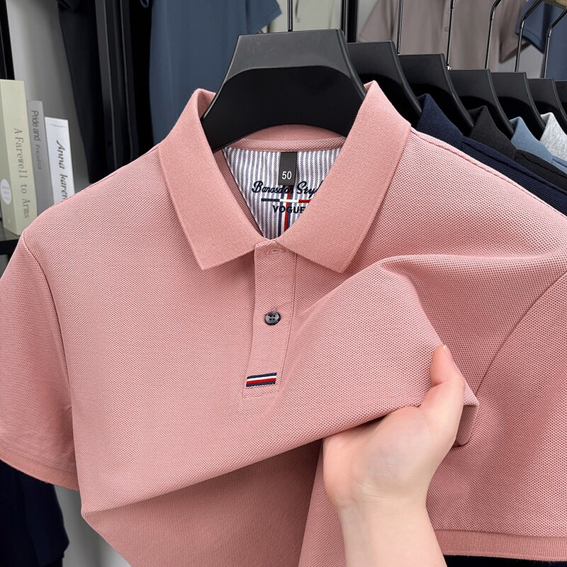 100%纯棉男士夏季POLO衫粉色短袖t恤中年爸爸装显年轻翻带领上衣