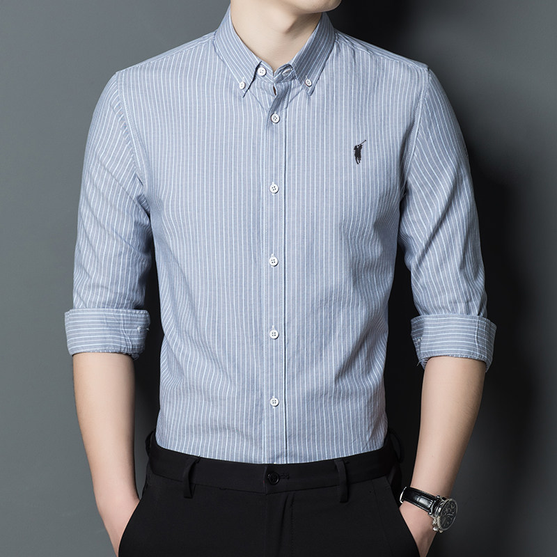 轻奢男士春秋季新款长袖衬衫上衣爸爸纯棉保罗竖条纹衬衣秋衣外穿