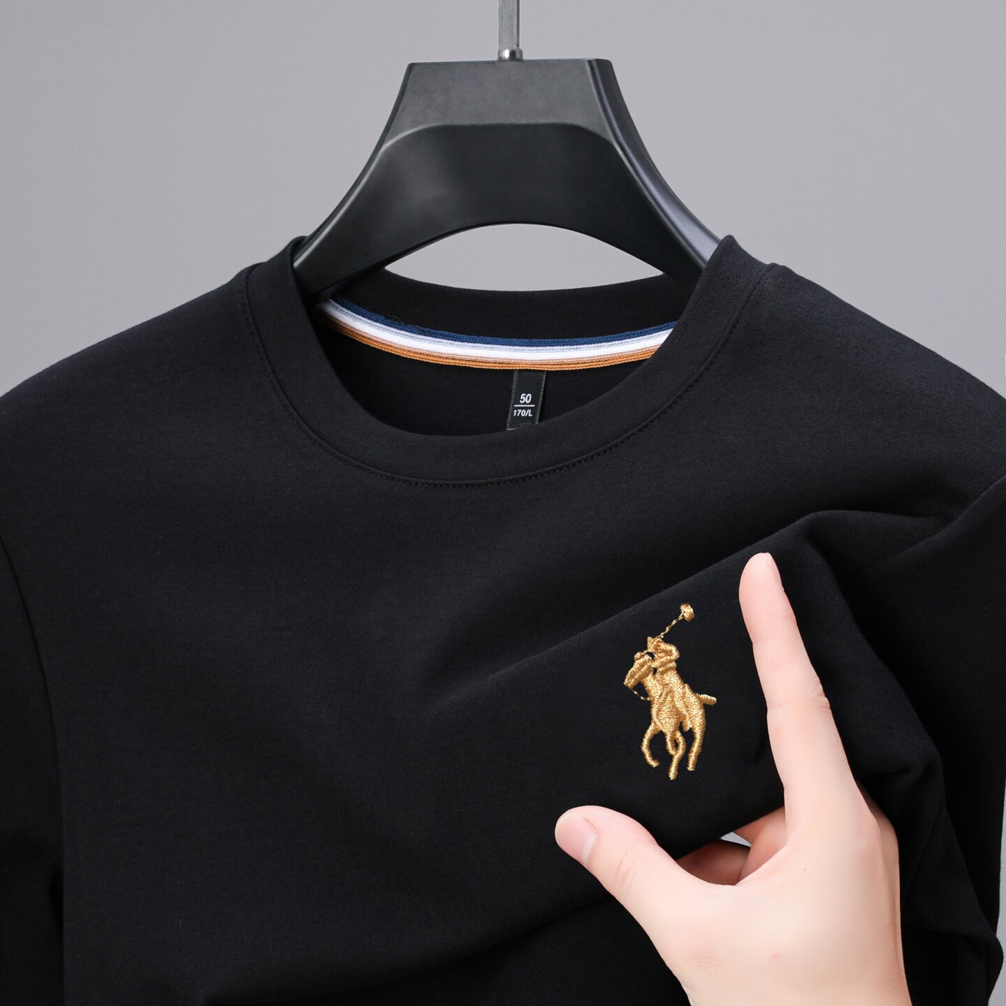 男士长袖t恤polo衫领卫衣战马刺绣上衣中年爸爸春秋装圆领打底衫