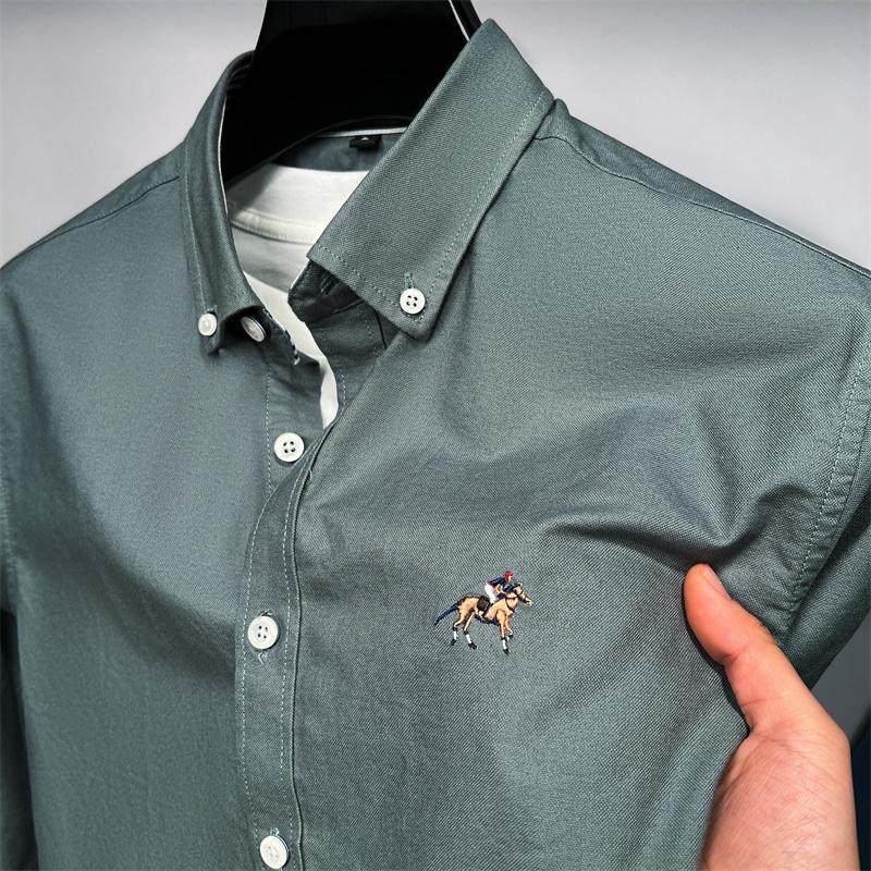 轻奢男士春秋季新款长袖衬衫中年爸爸装高档保罗刺绣纯棉上衣衬衣