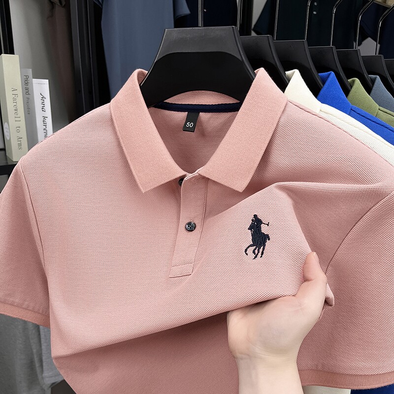 100%纯棉男士夏季POLO衫粉色短袖t恤中年爸爸装显年轻翻领上衣服