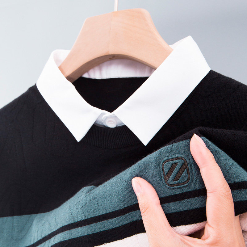 男士毛衣打底针织衫秋冬季新款上衣中年爸爸真假两件套搭配衬衫