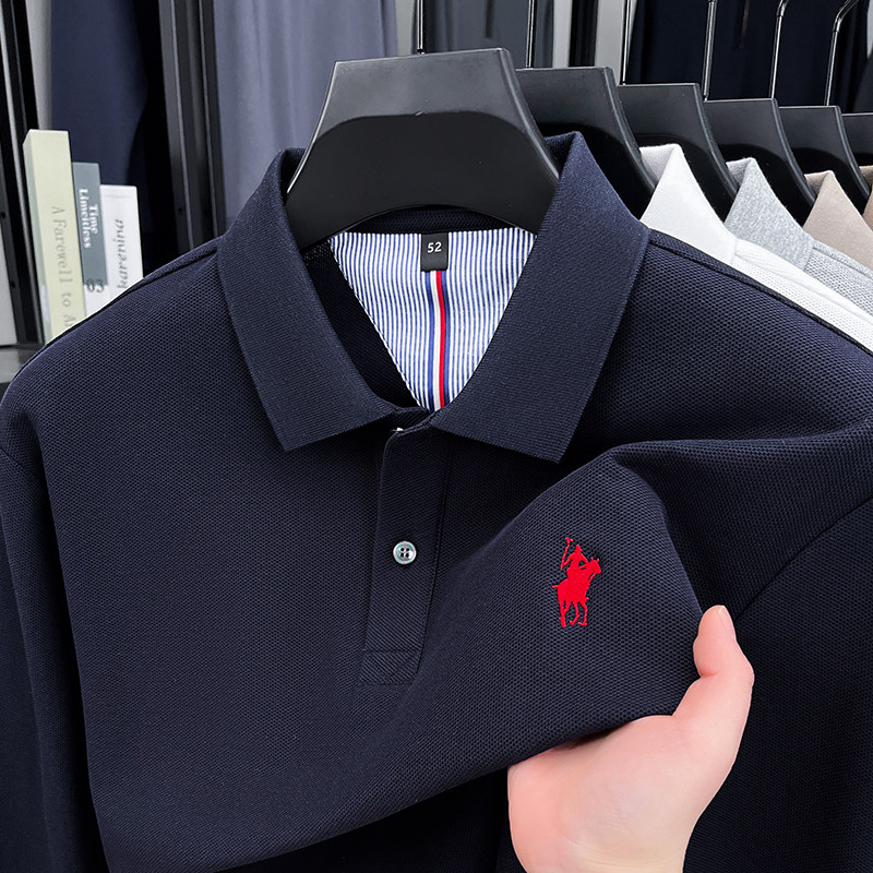 中年男士长袖T恤春秋季新款纯棉POLO衫爸爸装翻有带领刺绣上衣服