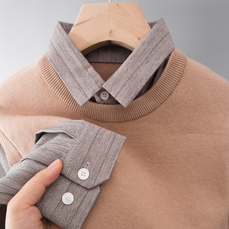男士毛衣打底针织衫秋冬季新款上衣服中年爸爸装真假两件套衬衫领