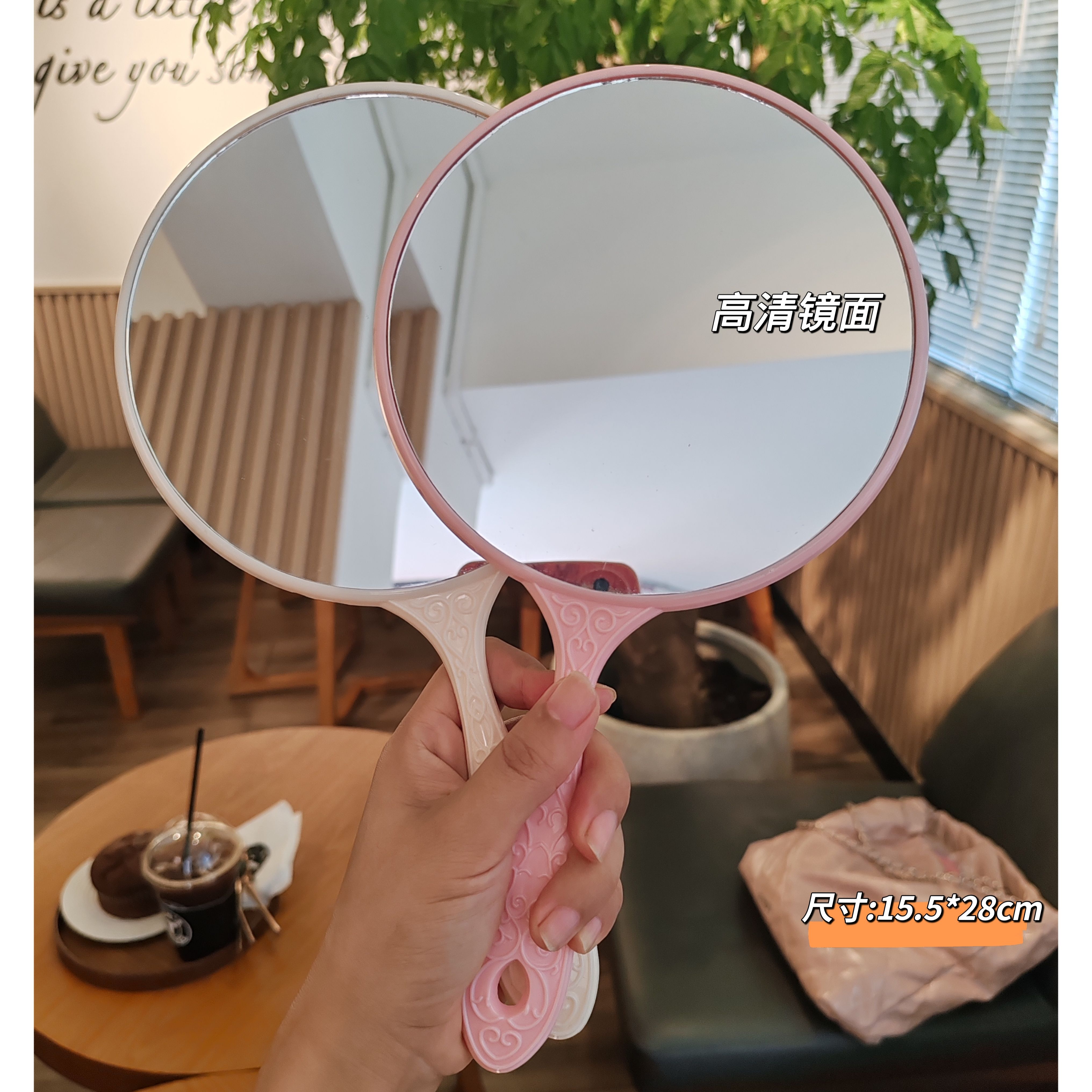 韩版简约手柄镜随身便携梳妆镜大圆形化妆镜家用宿舍用美容院镜子