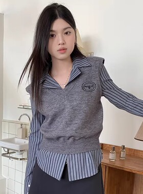 法式学院风设计感别致绣花v领针织马甲韩版小个子浅灰色无袖背心