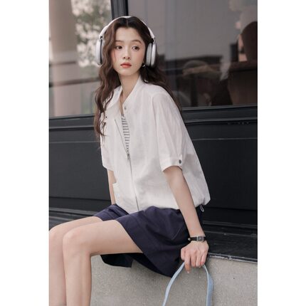 韩系简约松弛感宽松凉感半袖防晒小外套女薄款舒适拉链短袖小开衫