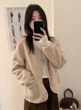 韩版小香风圆领羊羔毛外套女秋冬新款宽松显瘦摇粒绒加厚保暖上衣