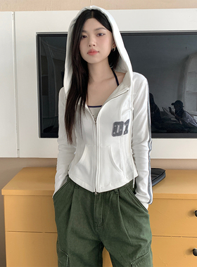 美式复古连帽卫衣女秋冬紧身收腰拉链开衫修身型外套短款白色上衣