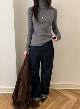 秋冬季高领保暖长袖打底针织衫女百搭修身洋气套头深灰色内搭毛衣