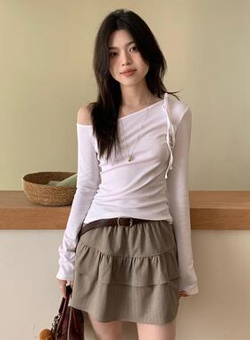 初春设计感挂脖系带斜领口显瘦气质内搭外穿露肩长袖T恤休闲上衣