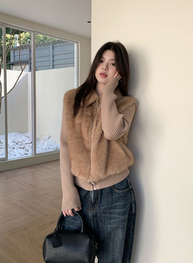 早春季小暖炉环保皮草毛毛短外套女新款气质针织拼接棕色开衫上衣