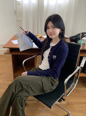 早春藏青色针织短款开衫外套甜妹小个子甜美气质修身内搭外穿上衣