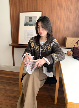 复古软糯花纹针织衫女秋冬季新款文艺风宽松内搭开衫咖色毛衣外套