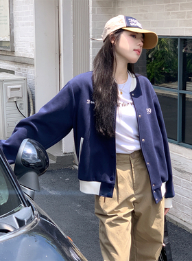 美式复古学院风藏蓝色棒球服外套女春秋款显白字母刺绣撞色夹克潮