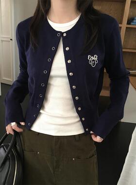 秋冬藏青色针织短款开衫外套邻家甜妹小个子气质修身内搭外穿上衣