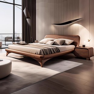 北美黑胡桃木雙人大床2025款 1米8主臥婚床高端輕奢實木大床 新中式