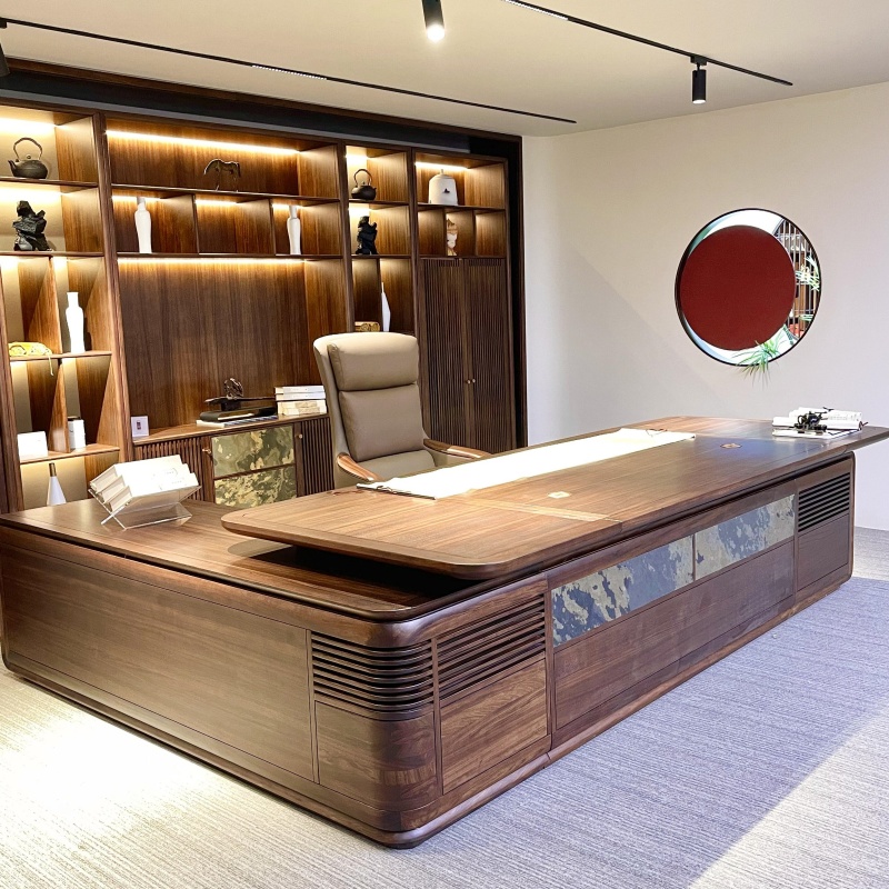 新中式北美黑胡桃木老板桌2025新款高级感轻奢办公桌办公室大班台