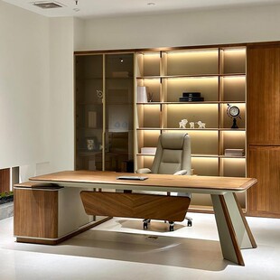 新中式大班台北美黑胡桃木老板办公桌总裁高端现代轻奢办公室家具