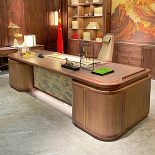 新中式实木老板桌椅组合现代简约轻奢办公室北美黑胡桃大班台定制