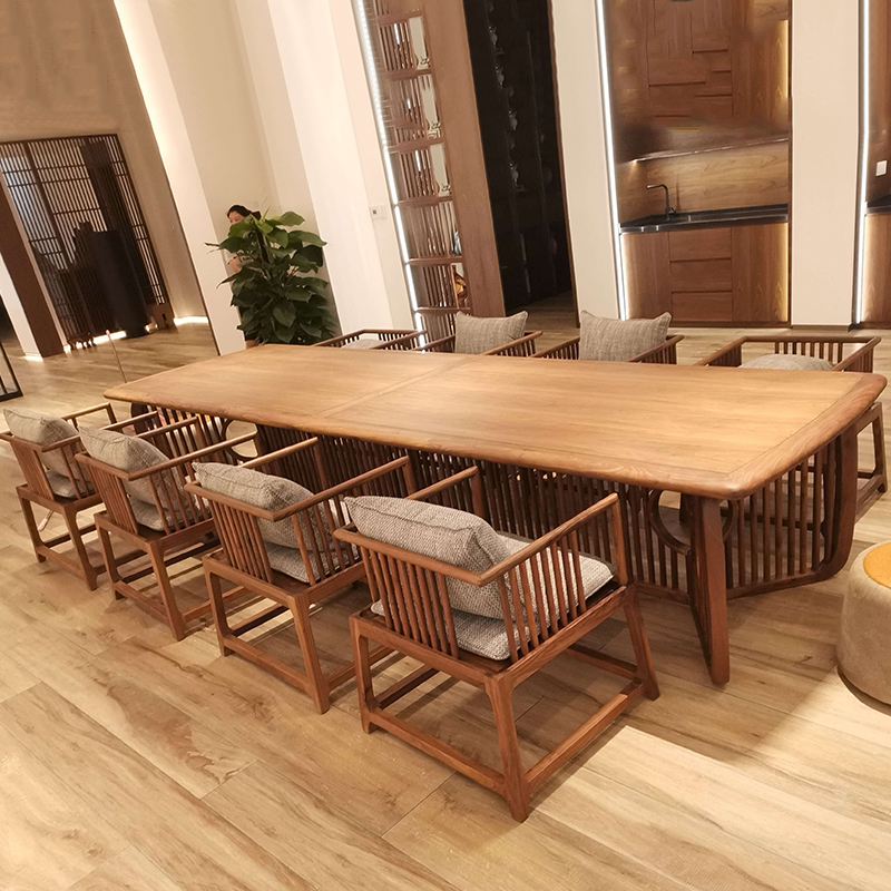 新中式北美黑胡桃木茶桌椅组合禅意实木办公室会议桌酒店家用茶台