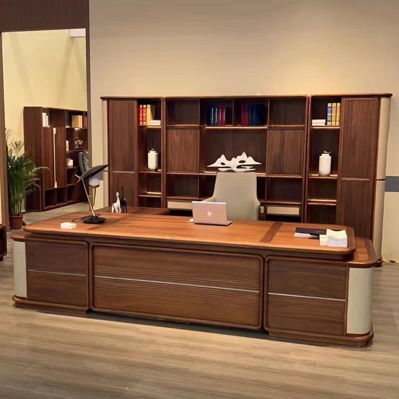 新中式老板桌董事长大班台简约现代北美黑胡桃木高端办公桌椅定制