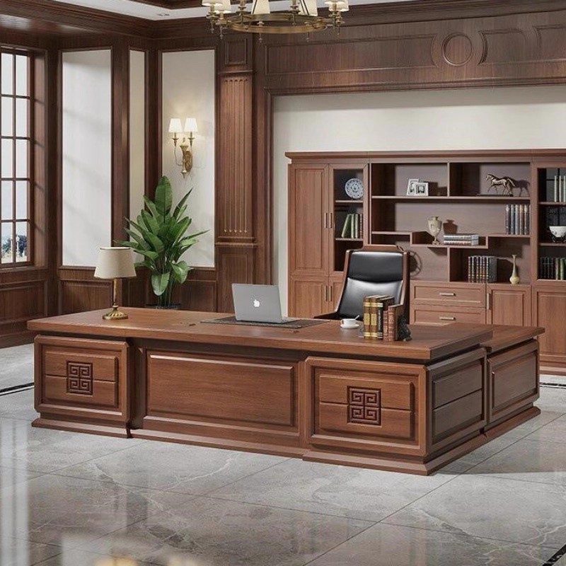 新中式实木大班台老板桌书柜组合总裁董事长时尚办公室乌金木定制