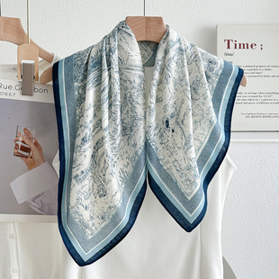 国风素描70仿真丝棉麻小方巾女复古百搭系脖子小丝巾围巾薄款领巾