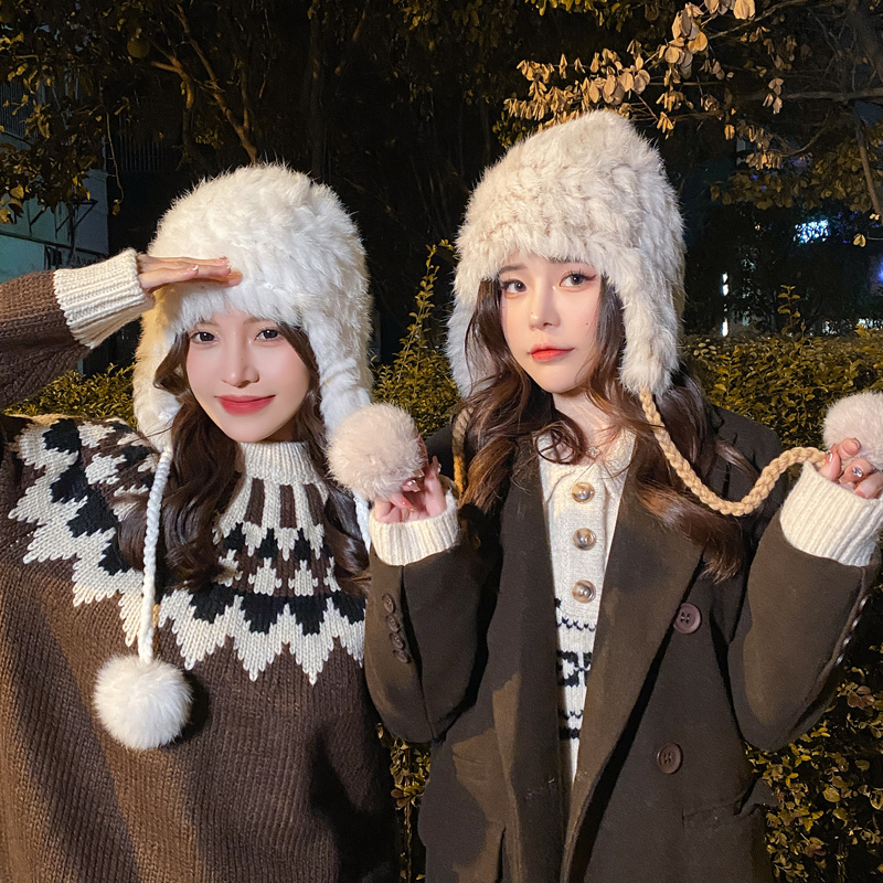 2025新款白色兔毛毛线帽日韩版女秋冬天风雪针织护耳雷锋帽子百搭