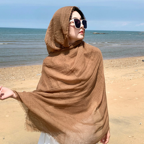 压皱棉麻丝巾围巾女夏季韩版纯色