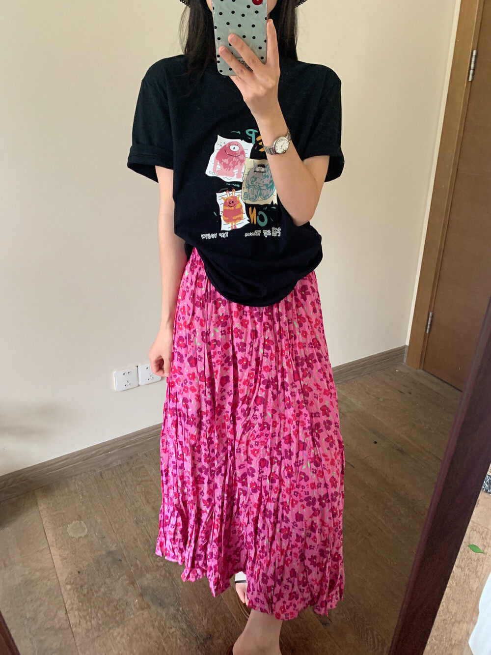 百搭褶皱碎花显瘦色半身裙韩风