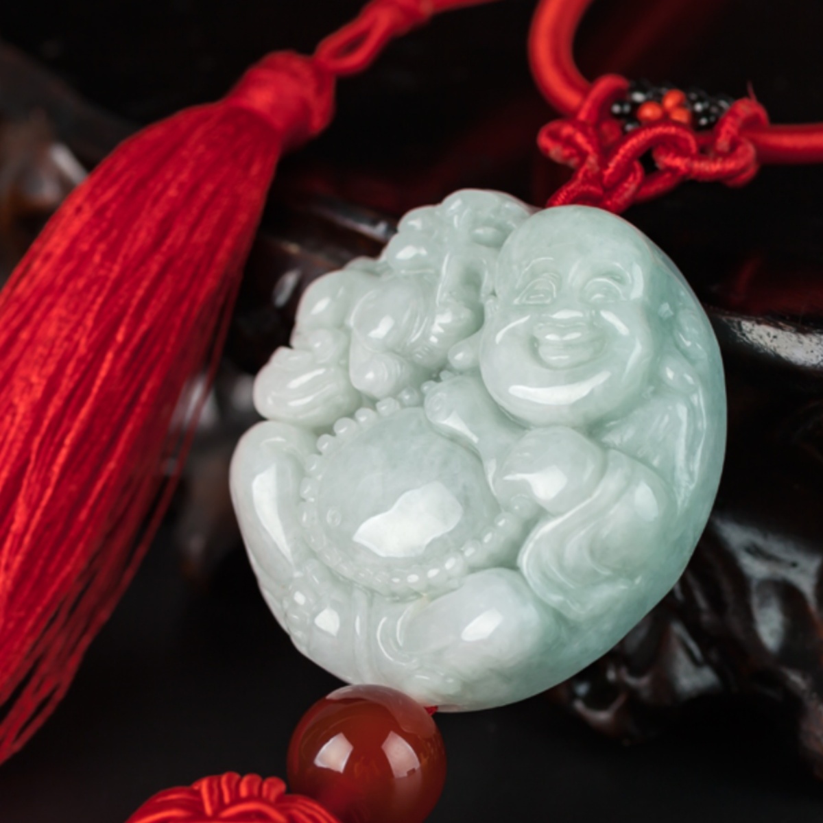 弥勒佛汽车挂件翡翠玉保平安高档创意男女车内挂饰车载后视镜吊坠