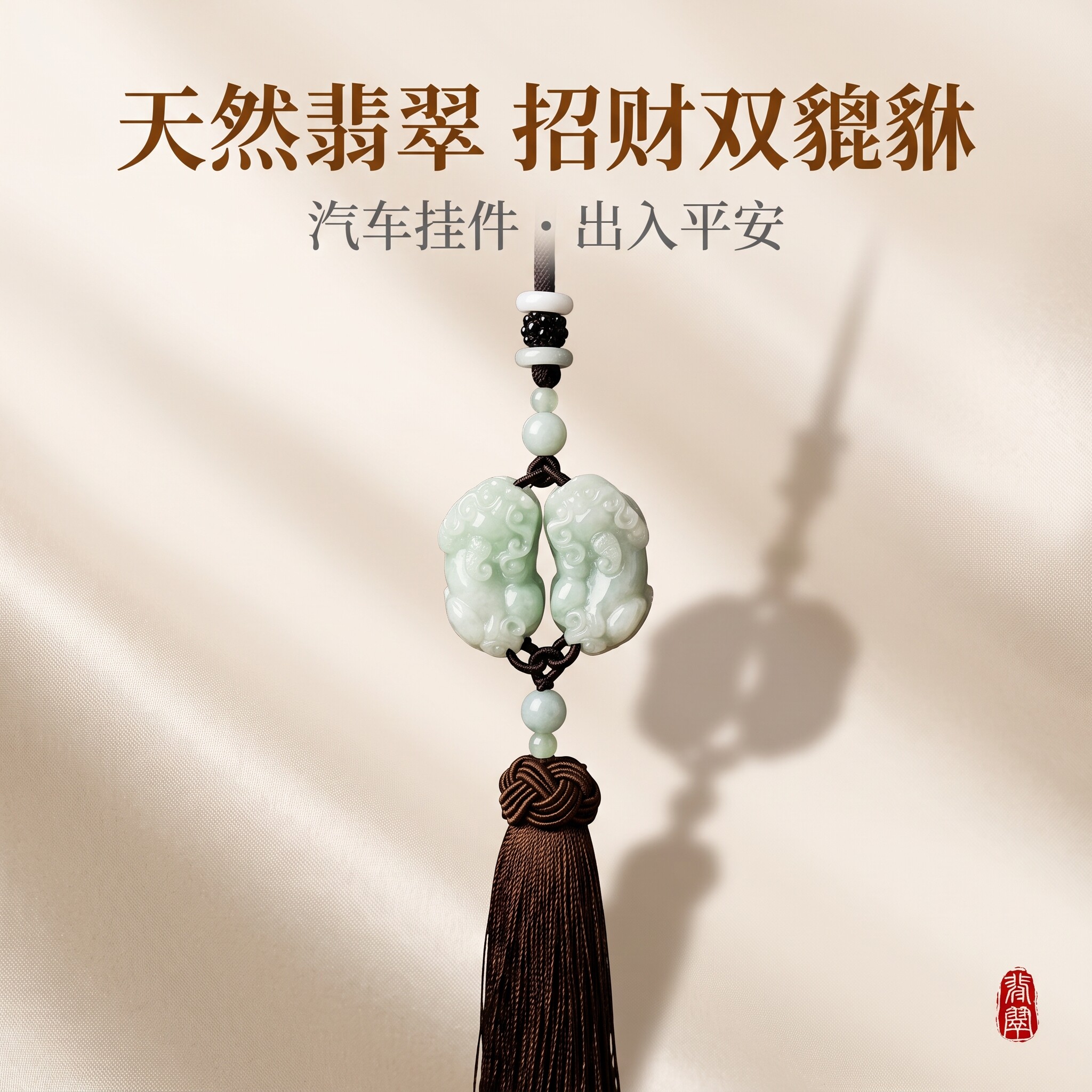 天然翡翠汽车挂饰双貔貅吊坠水润细腻男女款车载挂件玉石带证书