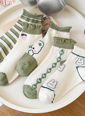 袜子女日系绿色粉可爱学院风小花潮袜短袜春夏季纯棉网面网红F735