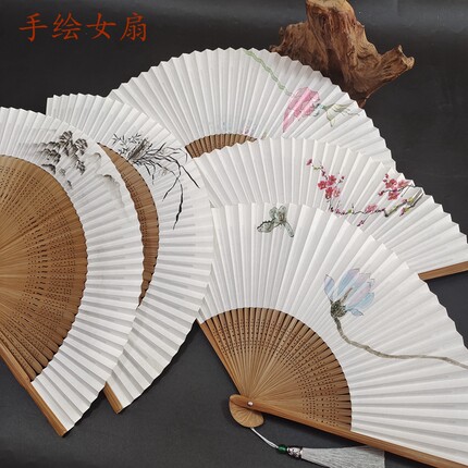 手绘定制文创礼品和风女式六寸古风古典全竹绘画扇子折扇汉服旗袍