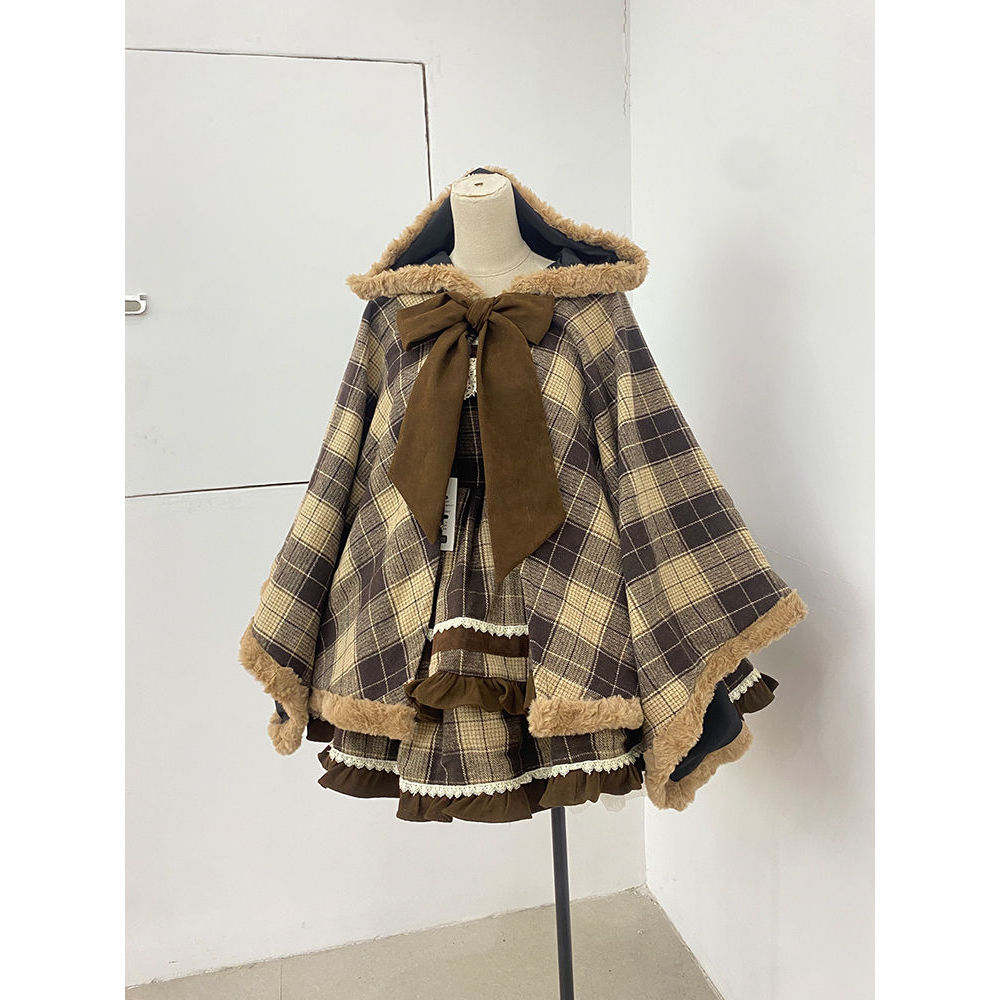 咖色格子夹棉斗篷连帽毛呢保暖披风女+咖格蛋糕裙+粉杏花边上衣