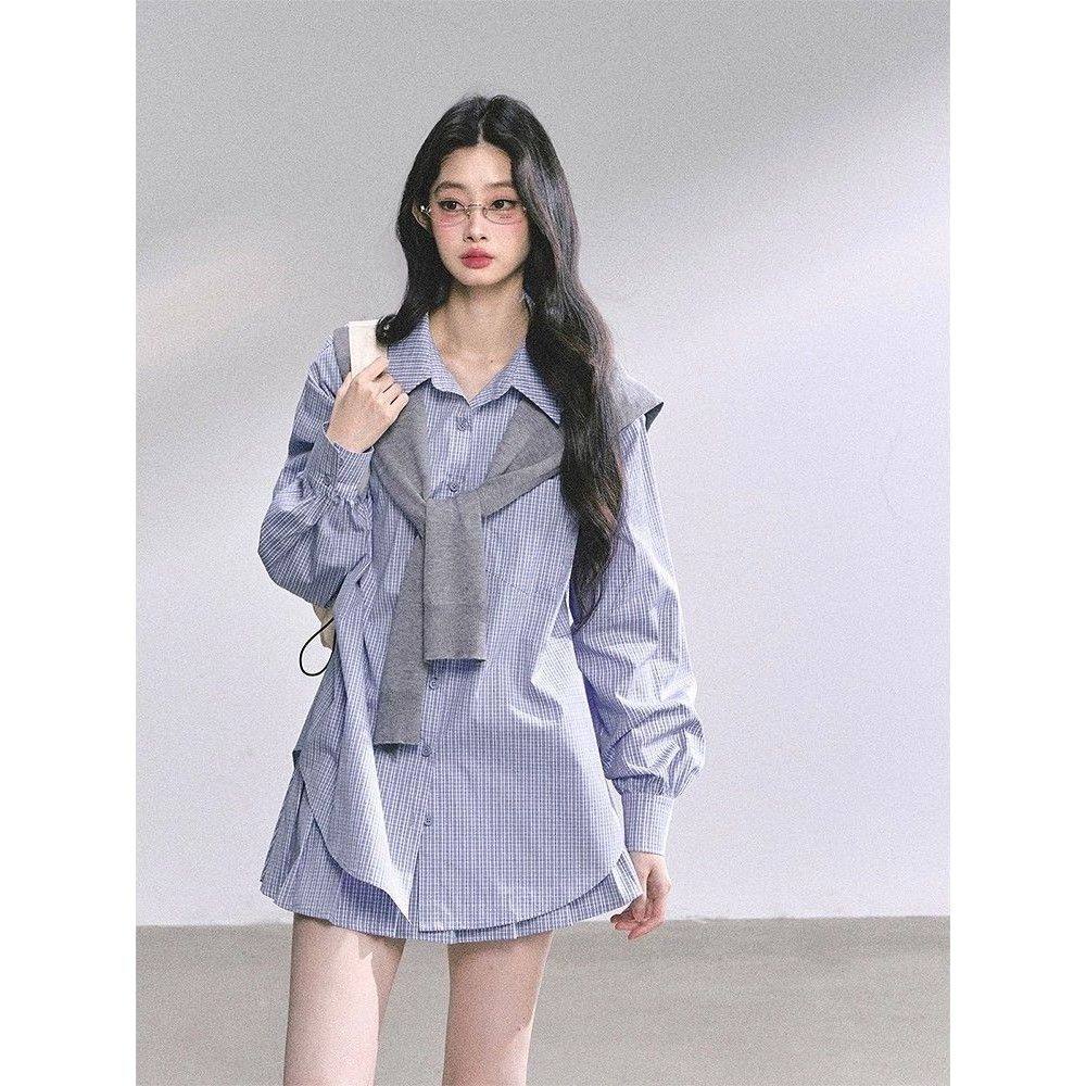 菲尔顿学院 韩系蓝色格子衬衫半裙套装女秋季设计感学院风两件套