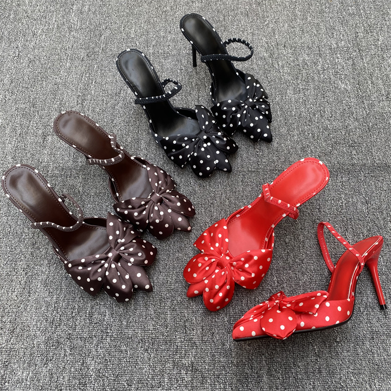 法式波点蝴蝶结细跟增高一字拖