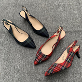 跨境爆款 女 尖头格子绒面单鞋 小众设计感细跟凉鞋 女秋夏外穿法式