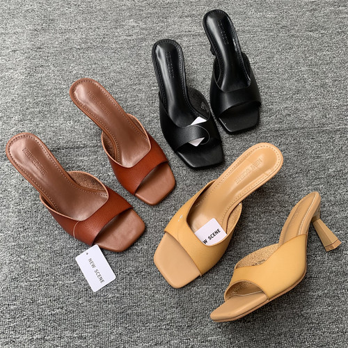 纯色露趾细跟凉拖欧美百搭