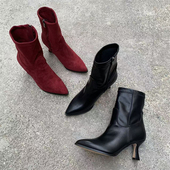 跨境原单秋冬新款 时尚 百搭外穿性感尖头短靴气质侧拉链通勤马丁靴