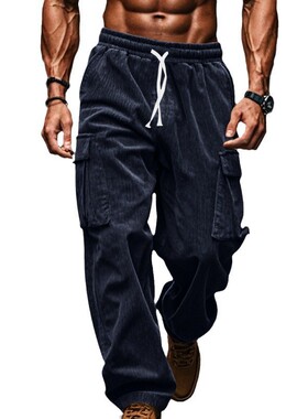 欧美灯芯绒裤子男大码长裤秋冬款休闲透气阔腿多口袋直筒裤