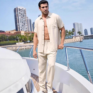 男士 套装 度假两件套纯色沙滩纽扣衬衫 子时尚 休闲宽松裤 短袖