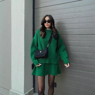 秋季新款欧美纯色休闲百搭学院风针织衫短裙子套装女